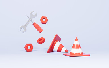 Cartoon repair tools and traffic cone on the blue background, 3d rendering.