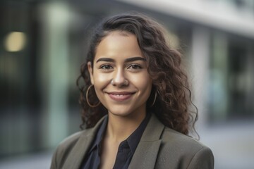 Young smart hispanic businesswoman, smiling face, standing in blur background of modern office building. Generative AI AIG20.