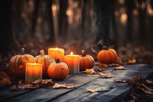 Copy Space Halloween Concept Wood Table With Pumpkins Blurred Bokeh Background Concept Image For Product Commercial Ad Generative AI