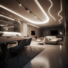 Wall Mural - Living room layout of the future, minimalist, recessed ceiling lighting 