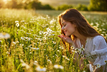 Portrait Of A Beautiful, Happy Woman In A Chamomile Field, Smelling Flowers And Enjoying Nature