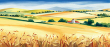 Farm On A Hill With Yellow Or Golden Wheat Field In A Watercolor Style, Agriculture, Cultivation, Countryside, Field, Countryside, Vector Illustration Banner With Copy Space