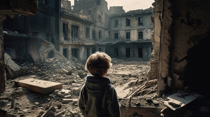 Wall Mural - A boy stands in the ruins of an old building and looks into the distance