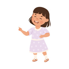 Canvas Print - Happy little girl gesturing with both hands. Cute joyful schoolkid cartoon vector illustration