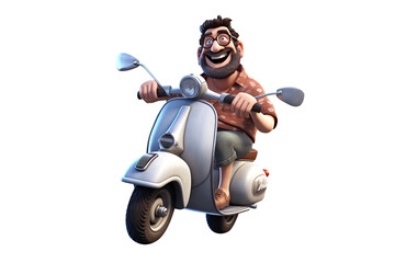 Wall Mural - 3D cartoon character cute man riding vintage scooter, full body person isolated on white and transparent background, ai generate