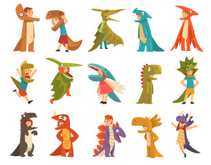 Wall Mural - Cute Kid Wearing Dragon or Dinosaur Costume as Carnival Outfit Big Vector Set