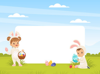 Sticker - Joyful Children in Bunny Costume Holding Easter Basket and Painted Fggs for Holiday Near Empty Rectangular Space Vector Illustration