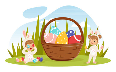 Wall Mural - Little Girl and Boy in Easter Bunny Costume Sitting in Grass with Decorated Egg in Basket Vector Illustration