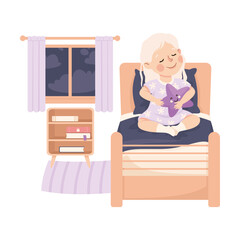 Wall Mural - Little Girl Sitting in Her Bed with Toy Preparing for Night Rest Vector Illustration