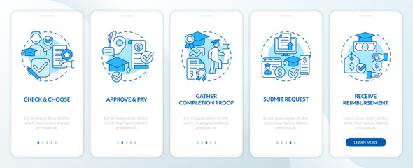 Wall Mural - apply for tuition assistance blue onboarding mobile app screen. walkthrough 5 steps editable graphic
