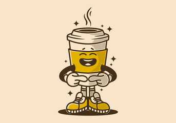 Sticker - Vintage mascot character of a paper cup of coffee with shy expression