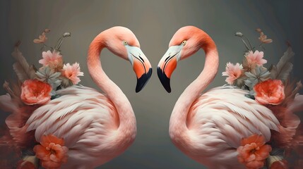 Wall Mural - Two flamingos in love on a background of flowers and plants. Generative ai illustration