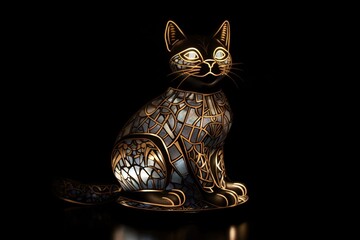 Egyptian style Cat animal art deco lamp isolated on black bacground illustration generative ai