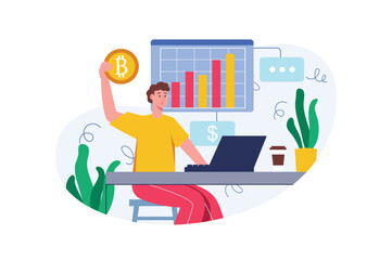 Wall Mural - cryptocurrency mining color concept with people scene in the flat cartoon design. man works in the s