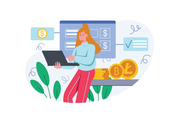 Wall Mural - color concept cryptocurrency investment with people scene in the flat cartoon design. woman research