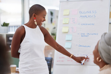 Business meeting, woman speaker smile and writing from women employee group from analysis presentation. Whiteboard, happy worker and staff with collaboration and teamwork of working team and idea