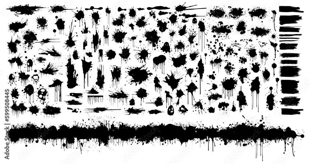 Black ink spots set on white background. Ink illustration.