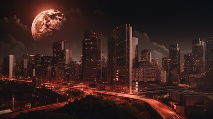 Aufkleber - Fantasy Landscape Of Miami Downtown With Milky Way And Red Moon.Generative AI