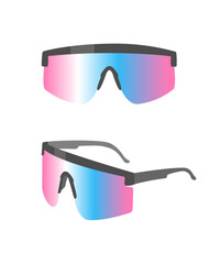 Sporty sunglasses with pink and blue gradient lenses.