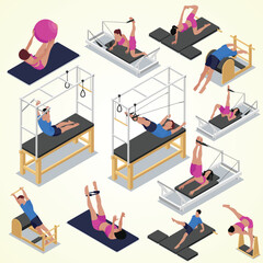 Wall Mural - pilates isometric set with isolated icons gymnastic apparatus human characters performing various stretching exercises vector illustration