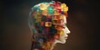 Human head divided into parts by cubes. Knowledge and database concept Isolated realistic illustration. Fashionable style. Face of a cartoon character. Abstract illustration.