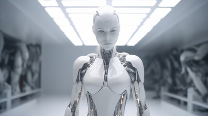 Humanoid robot gorgeous full in trendy style on light background. Realistic people character illustration. Fashion illustration. UI UX Design. Metal background.
