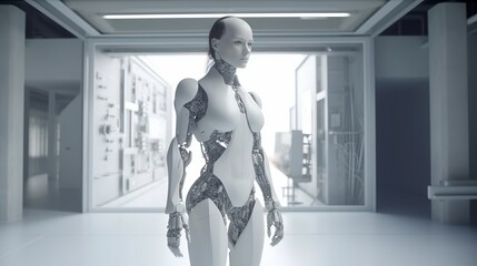Humanoid robot gorgeous full in trendy style on light background. Realistic people character illustration. Fashion illustration. UI UX Design. Metal background.