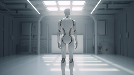 Humanoid robot gorgeous full in trendy style on light background. Realistic people character illustration. Fashion illustration. UI UX Design. Metal background.