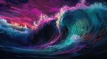 A Cartoon Depiction Of A Multicolored Wave Crashing On The Shore Generative AI