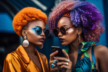 Poster - two beautiful black woman with a fashion urban style with looking smartphone, neon bright colors, generative ai illustration