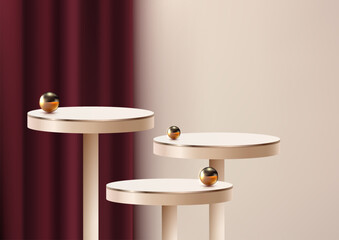 Wall Mural - 3d realistic modern luxury style golden round table or podium decoration with gold balls and red cur