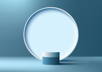 Wall Mural - 3d realistic products display blue and white podium stand with white circle backdrop minimal wall sc