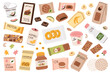 healthy snacks hand drawn collection, doodle icons of vegan packaged food to buy, vector illustrations of protein bars, dried fruit, dairy free products, food with fiber for good health