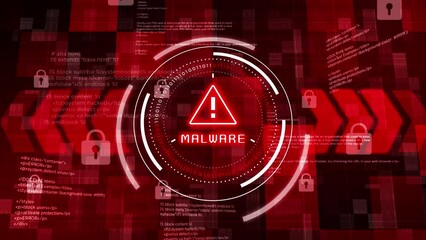 Red MALWARE warning with exclamation mark in circle with numbers. Background with text code and lock symbols. Digital cyber security of computer software. Looped animation.