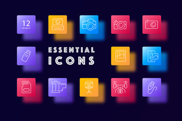 Camera icon set. DSLR camera with a lens and a viewfinder used for capturing high-quality photographs. Photography concept. Glassmorphism style. Vector line icon for Business and Advertising