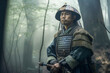 © Adrian Grosu - Medieval Japan lone samurai in a green forest. Created with Generative AI technology.