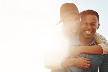 Sticker - Fill the days with love and happiness. a happy young couple enjoying a piggyback ride outdoors.