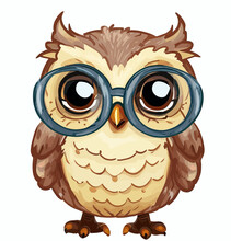 Happy Cute Little Owl With Glasses, Clever Bird, Logo Vector Art Sticker