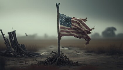 Wall Mural - Tattered Amierican flag waving on an empty battlefield