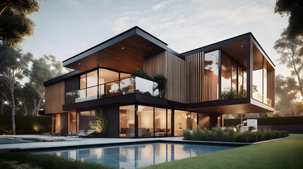 This stunning stock image showcases a beautifully designed house featuring a sleek and stylish exterior with clean lines and a contemporary feel, perfectly integrated with the surrounding landscape.