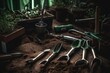 Gardener tools on soil. Created with generative AI technology.