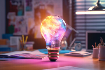 Wall Mural - Creative colorful light bulb glows with pink and blue light in the office workplace. Think differently, creative idea