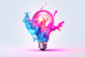 Wall Mural - Creative light bulb explodes with pink and blue color splash paint on a white background. Creation of a creative idea, concept