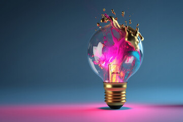 Wall Mural - Creative golden light bulb with splashes of pink and blue paint, creative idea. Think differently, concept