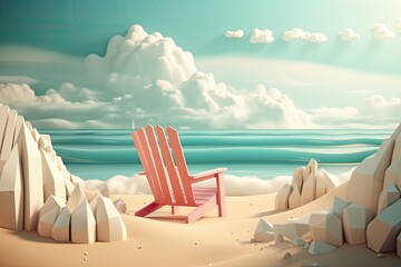 Multilayer paper sun loungers on the beach, paper art. sea view, aesthetics, sunny sky background. Generative AI