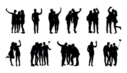 Silhouette group of people selfie different poses silhouette vector set on white background.