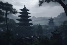 A Photograph In Black And White Depicting Pagodas Set In A Misty Woodland Generative AI