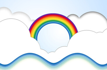 Sticker - Nuages et arc-en-ciel sur vagues marines