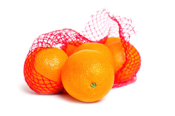 Open Red Mesh Bag with Fresh Oranges on White