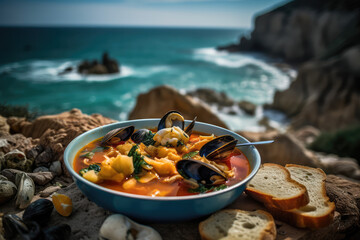 Poster - Mediterranean Sea Feast. Dive into a mouthwatering dish of bouillabaisse served on a vibrant plate, accompanied by a breathtaking beach background. Copy space. Cuisine concept AI Generative